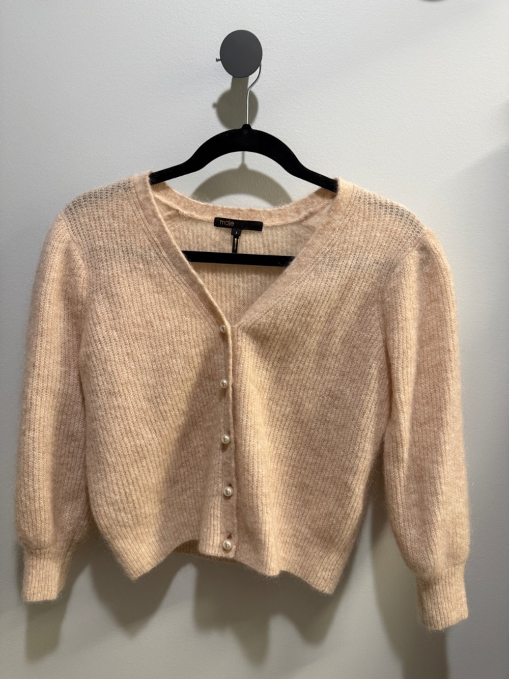 Maje Soft Blush Pearl-Button V-Neck Cardigan